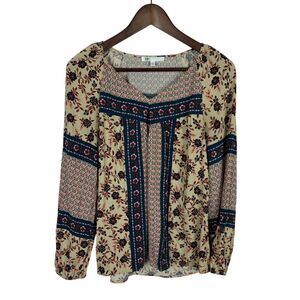DR2 Red Navy Tan Print Long Sleeve Blouse Top Women's Small Career